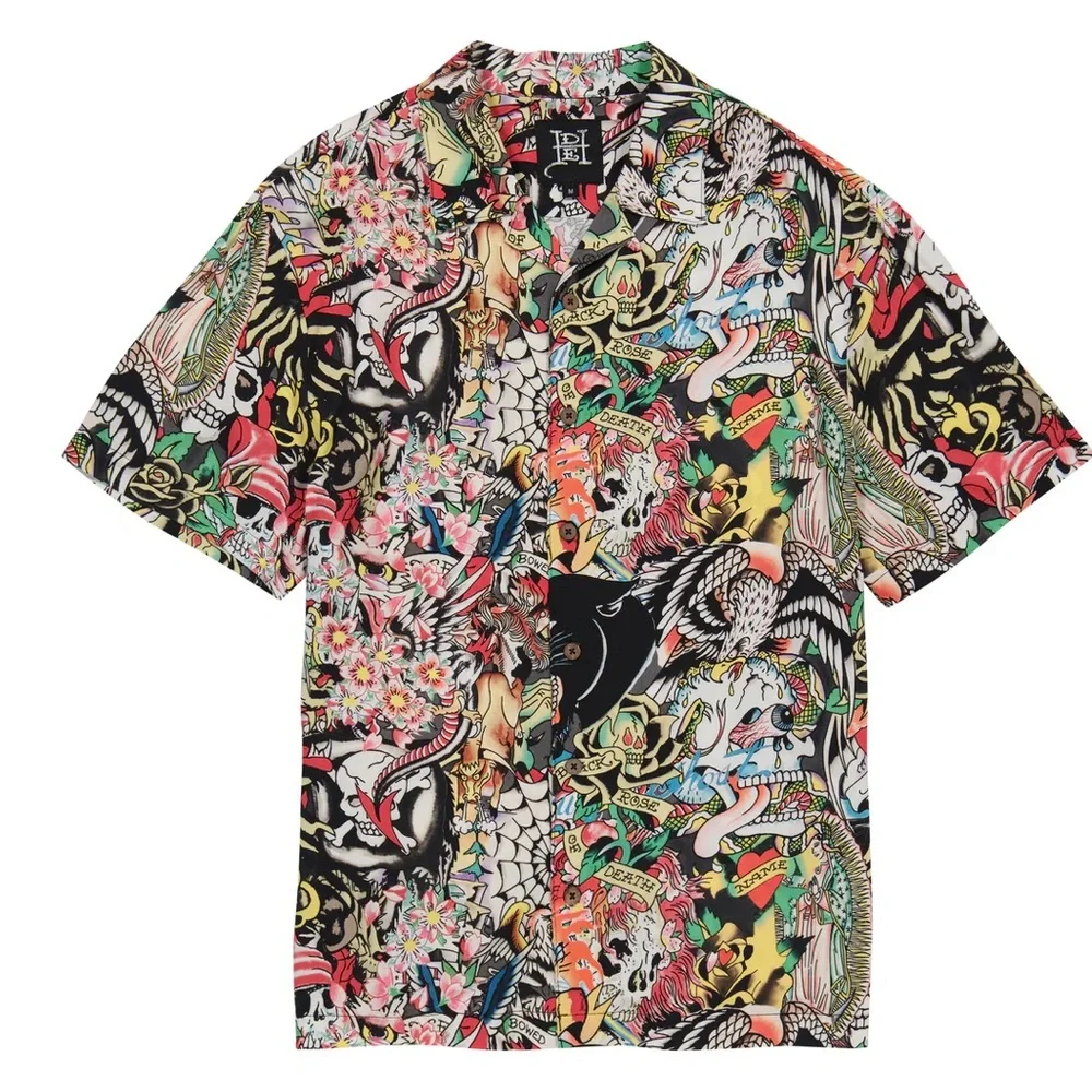 •Ink’d Up• Ed Hardy Tattoo Collage Button-Down Graphic Shirt